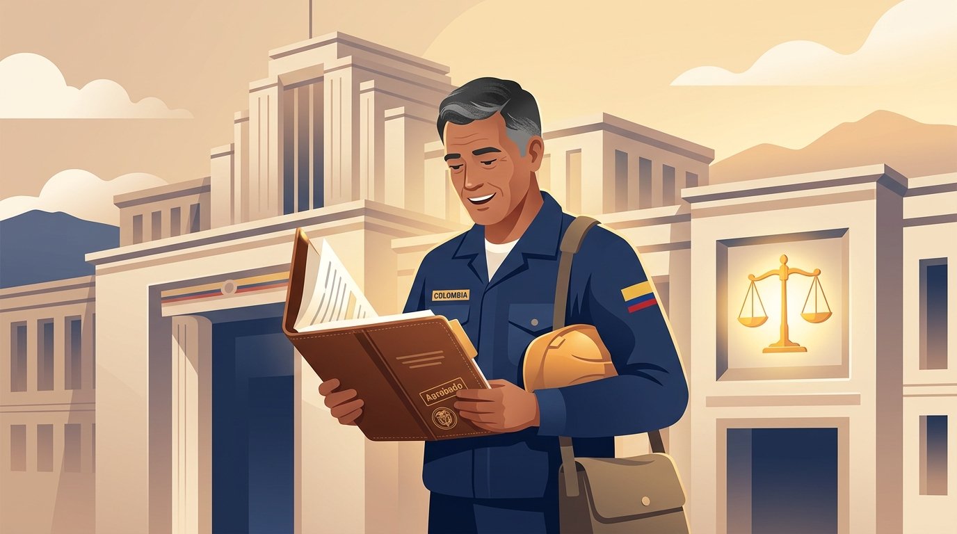 Ilustración de un trabajador colombiano revisando su historia laboral frente a un edificio de justicia, sobre mora patronal y pensión