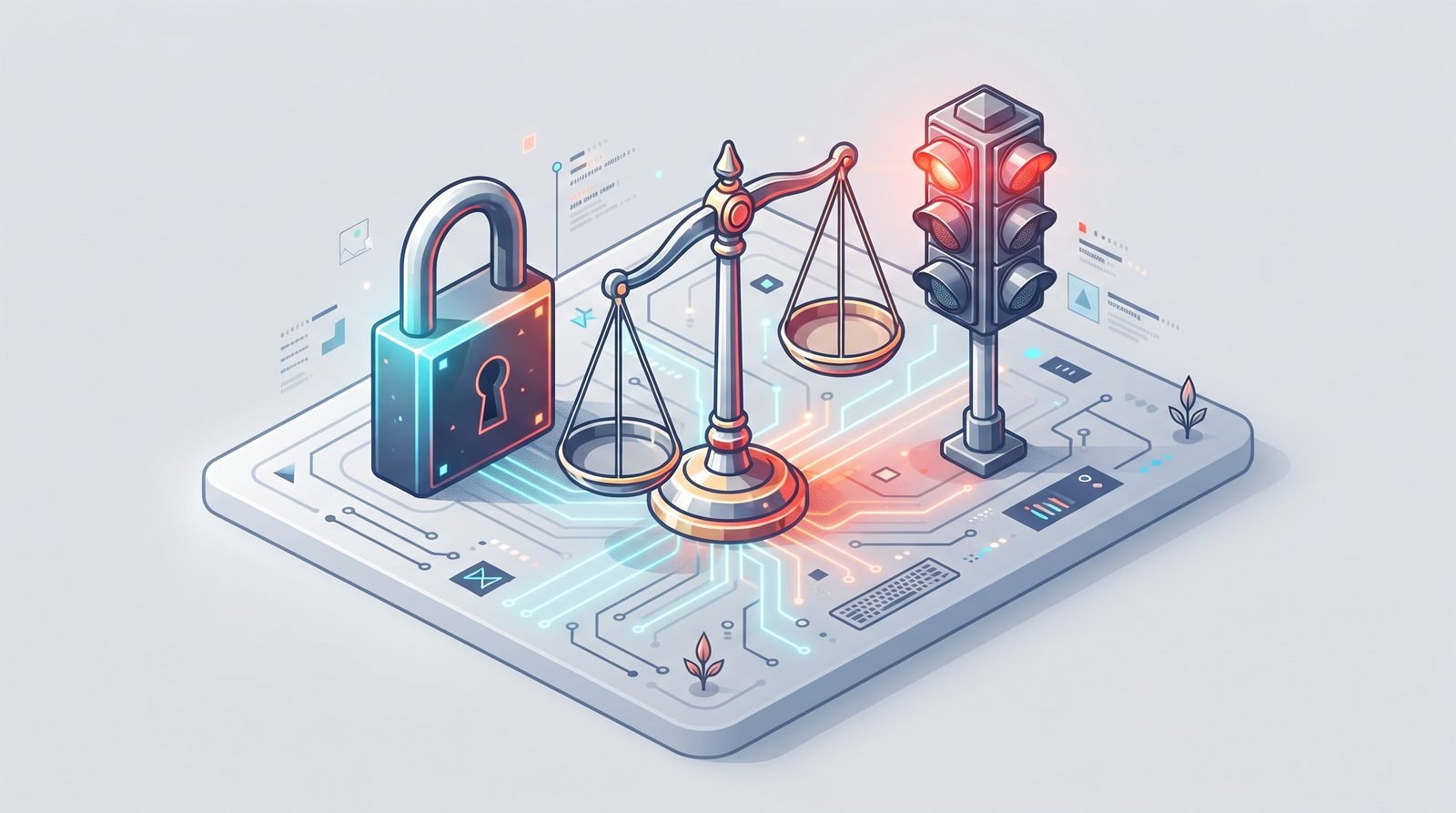 Ilustración de balanza de la justicia, candado y semáforo en rojo representando los riesgos del cálculo actuarial mal hecho