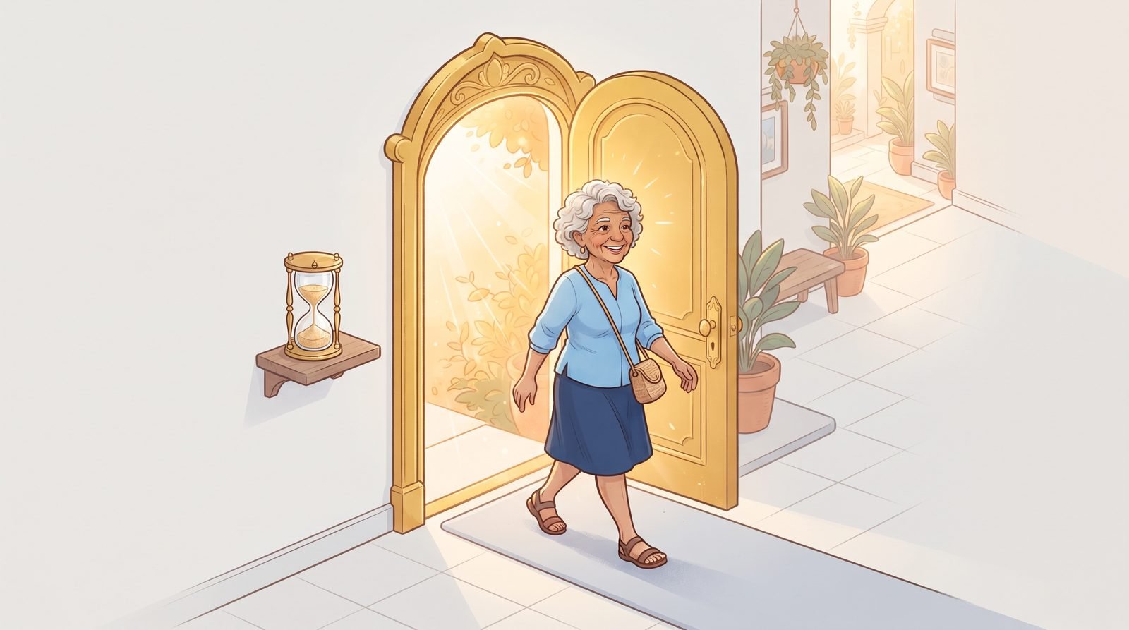 Ilustración de una mujer mayor cruzando una puerta dorada abierta, simbolizando la ventana del régimen de transición pensional